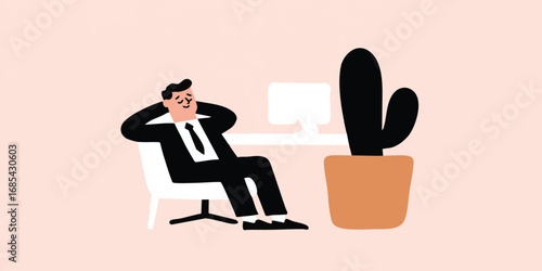 A businessman enjoys a moment of leisure and contemplation at his workplace, next to a cactus. This illustration captures a balanced scene of work-life balance.