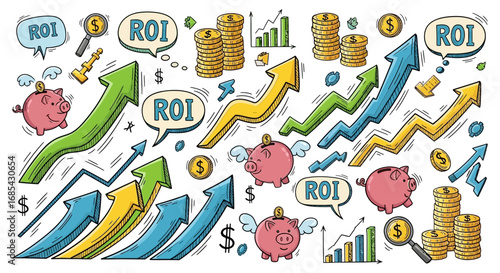 Investment growth and return on investment concept with arrows and piggy banks for financial success idea
