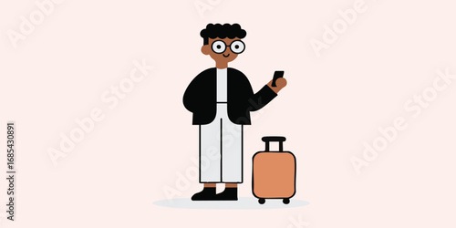 A traveler, eyes fixed on their phone, stands alongside their luggage, ready to embark on a journey, an animated portrayal.