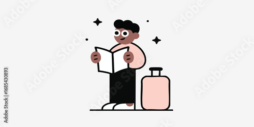A traveler with a suitcase looking at a book. Preparing for an exciting journey filled with possibilities, ready to explore the unknown and make unforgettable memories.