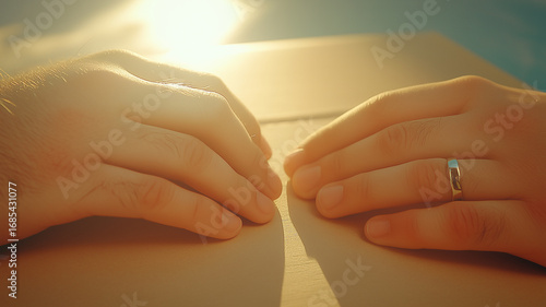 Wallpaper Mural Couple hands resting on wooden table with sunlight shining warmly, showing wedding ring and peaceful connection between two people in soft glowing atmosphere Torontodigital.ca