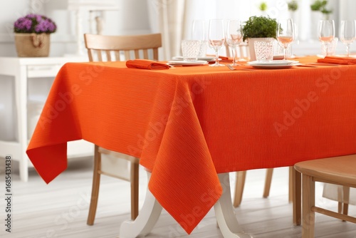 An orange textured tablecloth on a dining table.