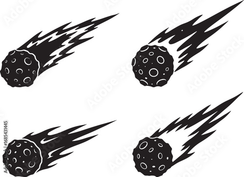 Four black silhouette meteorites with fiery tails falling through space