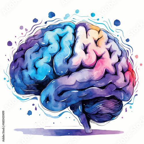 Abstract watercolor brain with colorful thought patterns. Psychology concept illustration showing mental health with blue and purple gradients.