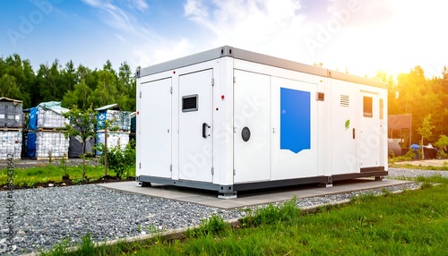 Modern white modular building in a grassy area