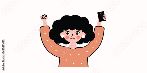 A joyful young woman with curly hair holds a mobile phone, celebrating her achievement with elation and enthusiasm. Depicting modern connection and success in a clean and vibrant illustration.