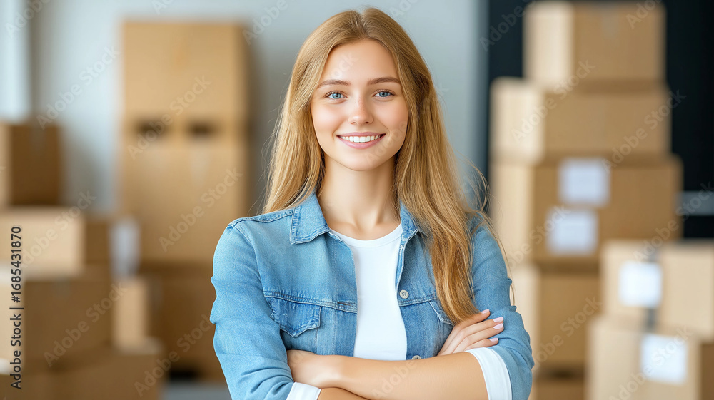 Fototapeta premium Young woman smiling with crossed arms in front of stacked cardboard boxes in bright room, showing confidence and happiness during moving or packing process