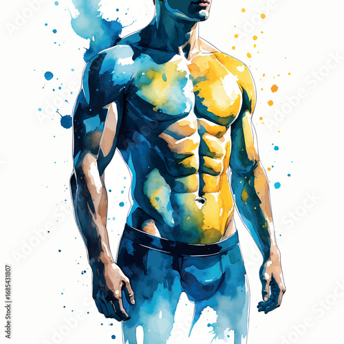 Body fat percentage visualization abstract watercolor illustration. Fitness tracking informative health diagram with blue water and yellow fat tones isolated on white.