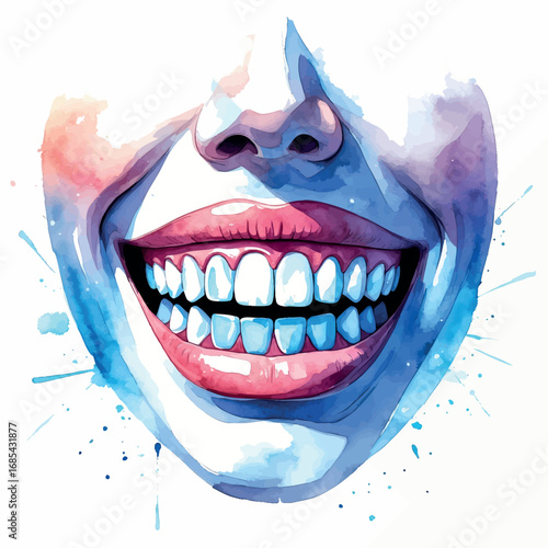 Abstract watercolor representation of radiant smile after teeth whitening. Dental beauty concept with bright teeth and blue aura effect.
