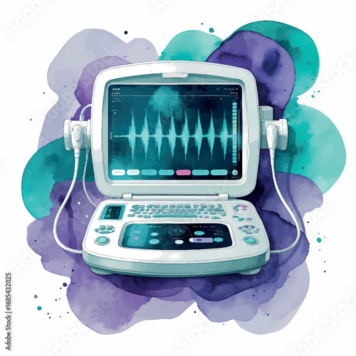Abstract watercolor ultrasound equipment illustration. Medical device with sound waves in teal and purple tones.