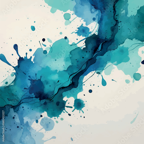 Abstract Blue and Teal Watercolor Texture on Canvas. Artistic Background with Visible Canvas Grain and Natural Paint Bleeding Effect.