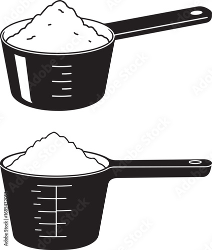 Two black measuring scoops filled with white powder silhouette