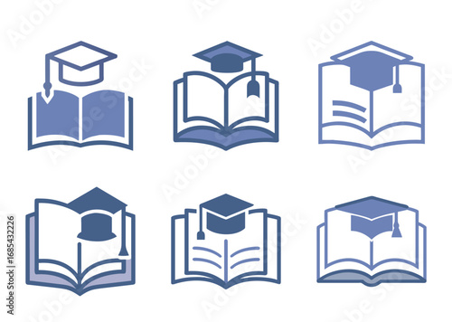 Collection of graduation cap icons on open books, symbolizing education and learning
