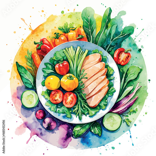 Artistic watercolor representation of healthy meal plate. Vibrant vegetables and lean protein in splash of colors circular composition.