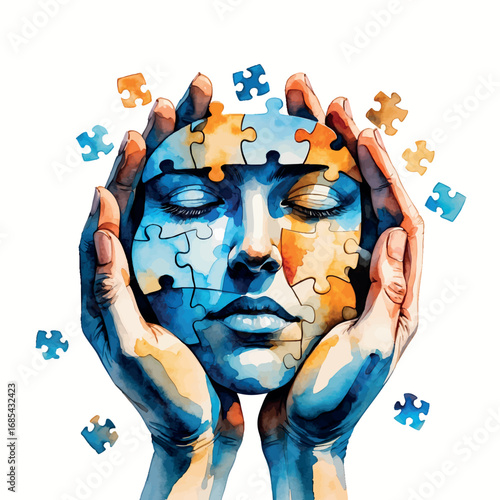 Artistic watercolor metaphor of hands holding human face puzzle pieces. Psychological therapy and healing concept in blue and amber tones.