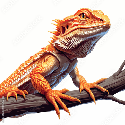 Bearded dragon lizard on branch vector illustration. Detailed scale texture in orange and tan coloring, perfect for exotic pet publications and reptile care guides.