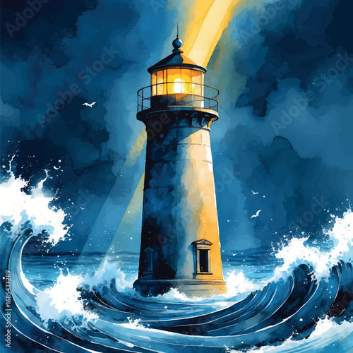 Steadfast lighthouse against stormy sea watercolor illustration. Determination concept with beam of light cutting through darkness in dramatic blue tones.