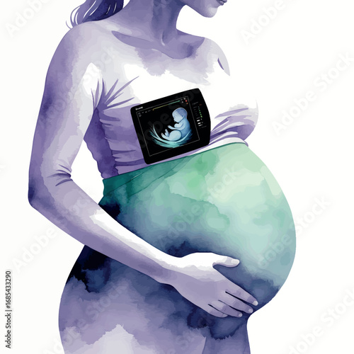 Delicate watercolor pregnant belly silhouette with ultrasound window. Maternal illustration in soft lavender and mint green tones.