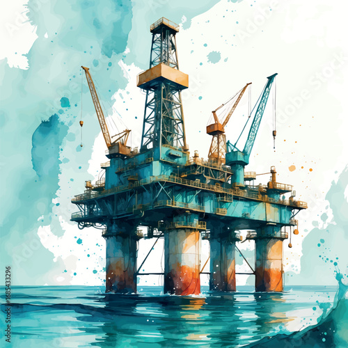 Oil Rig Platform Ocean Watercolor. Energy Industry Illustration in Pastel Blues and Teals with Splashed Water Effect for Corporate Art