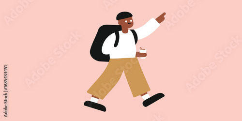 A determined traveler, equipped with a backpack and a coffee cup, confidently points toward an unseen destination, embodying the spirit of adventure and exploration.