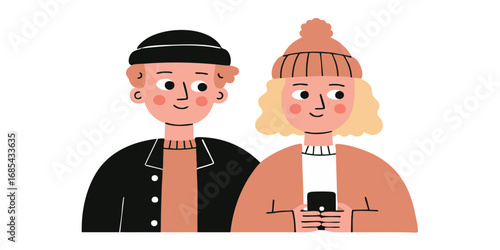 A charming illustration depicts a young couple, united by a shared moment of connection, likely amidst an outdoor setting or cozy atmosphere.
