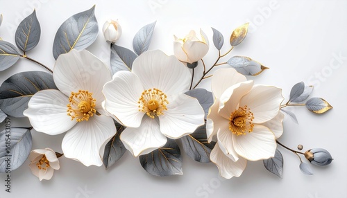 Wallpaper Mural Elegant Floral Arrangement with White Flowers, Gold Accents, and Gray Leaves Torontodigital.ca