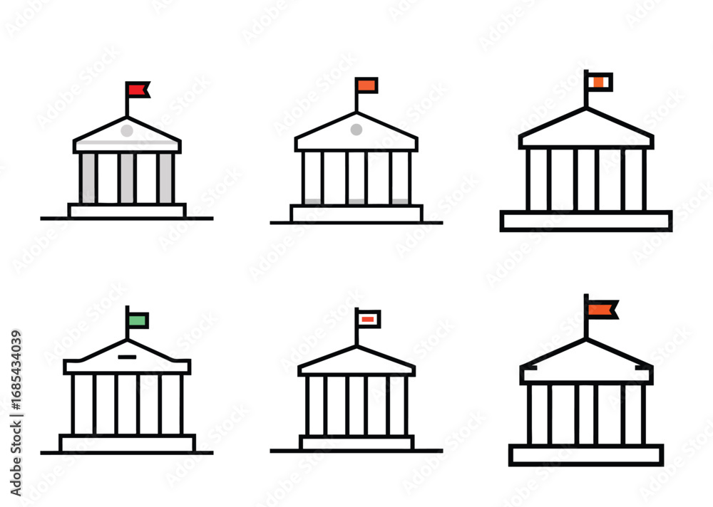 Fototapeta premium Set of six simplified building icon designs with flags on top