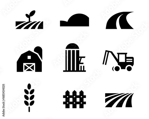 Set of 9 black and white minimalist farm icons vector graphics for agriculture and rural themes vector