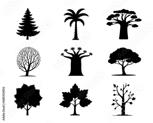 Collection of nine diverse black tree silhouettes scalable vector illustrations for design vector