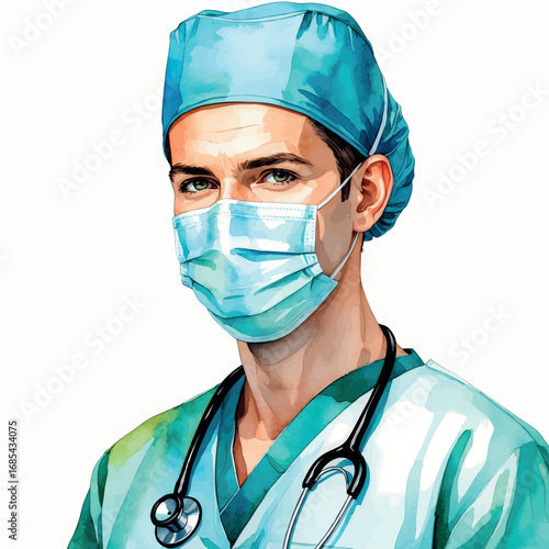 Elegant watercolor portrait of surgeon in scrubs. Professional medical illustration with soft blue and green tones.