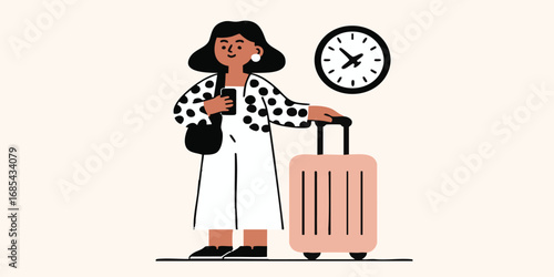 A woman, poised and ready, stands beside her luggage, as if waiting for a flight or train. A clock hangs in the background, indicating the passage of time and the importance of being punctual. 