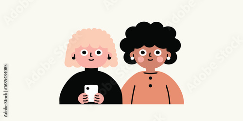 Two diverse friends share a moment of connection, illustrated with a clean and modern aesthetic. One friend holds a phone, highlighting the blend of digital and personal interactions.