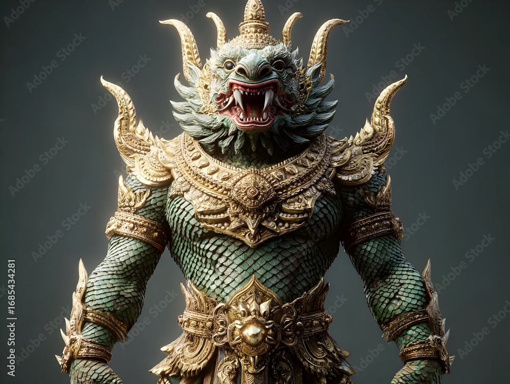 Fototapeta premium Intricate sculpture of a mythical beast showcasing elaborate details and vibrant colors, symbolizing strength and protection.