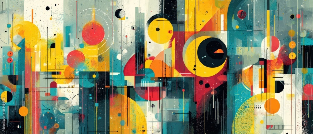 Obraz premium Vibrant abstract geometric art with circles, lines, and bold colors in a modern, dynamic composition Concept of creativity, innovation, and artistic expression