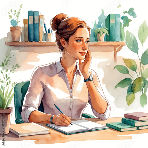 Gentle watercolor illustration of psychologist in therapy session. Professional figure listening attentively in warm earth tones.