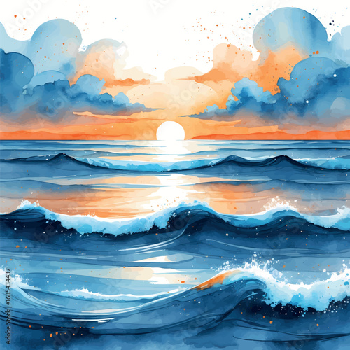 Sunset Ocean Waves Watercolor Seascape. Gentle Blue and Orange Gradient with Fluid Texture Creating a Peaceful Marine Illustration.
