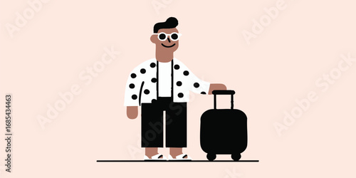 A stylish individual with a suitcase. He is prepared to embark on a travel journey. He wear glasses that exude a sense of adventure. The scene is full of anticipation. 