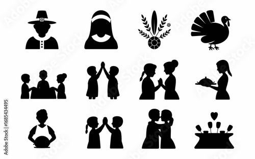 Vector icon set celebrating thanksgiving traditions and family gatherings in silhouette style vector