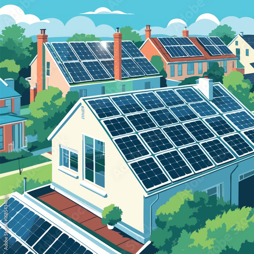 Solar panel rooftop installation in eco-friendly suburban neighborhood, flat vector illustration