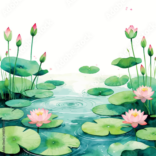 Minimal lotus pond watercolor scene. Soft green lily pads with delicate pink flowers and serene water ripples. Zen-inspired poetic composition.