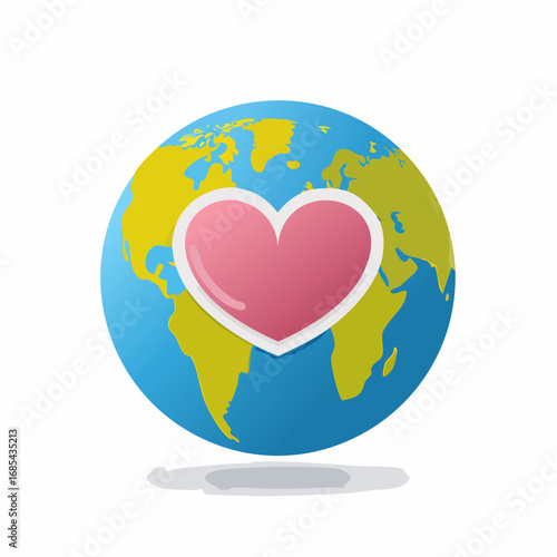 A vibrant vector illustration of planet Earth with a large pink heart, symbolizing love, peace, and environmental care for our world