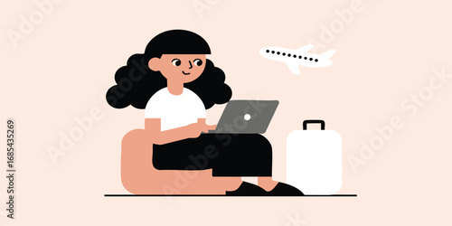 A vibrant illustration capturing a moment of work and travel preparation, with a person engrossed in their laptop while an airplane and luggage subtly hint at the adventure ahead.