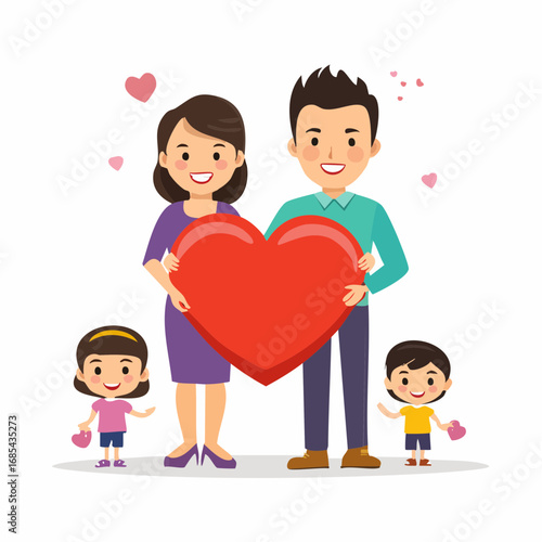 Happy cartoon family with two children holding a big red heart as a symbol of love, care, and unity