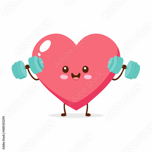 Happy pink cartoon heart character exercising with dumbbells, a cute mascot for cardiovascular health and wellness