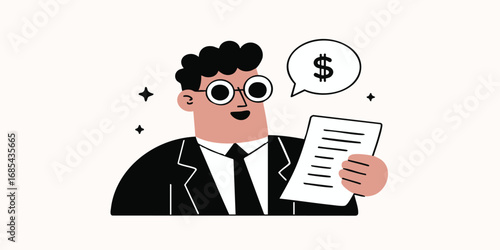 An Illustration of a Businessperson with a Thought Bubble and Financial Document. Depicting financial planning, business insight, and the concept of wealth management in an approachable cartoon style.