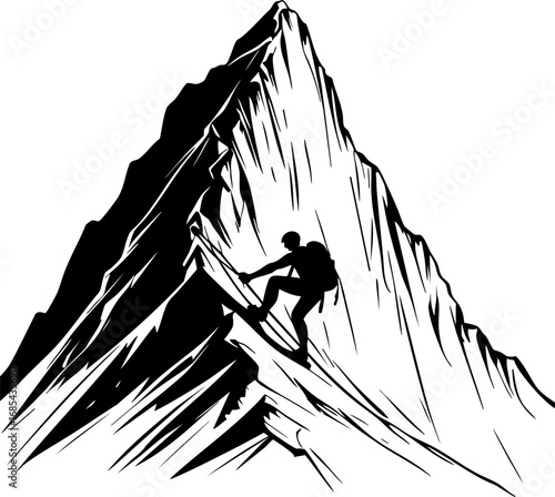 Determined climber outline. Minimalist black and white vector of perseverance and strength.