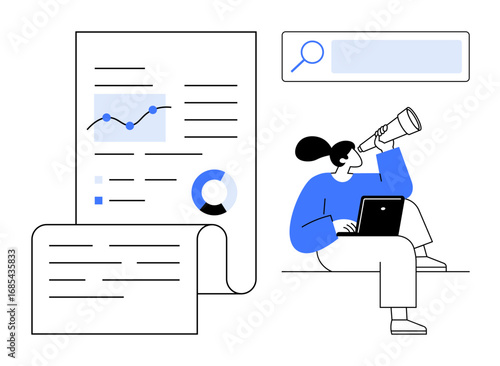 Digital report with graphs and charts, woman analyzing trends using a laptop and telescope, search bar. Ideal for data analysis, business strategy, market research, innovation, planning, vision