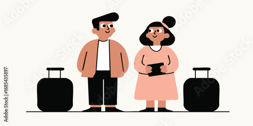 Two individuals, possibly a couple, stand together, flanked by luggage, in anticipation of a journey, possibly a vacation or a business trip.