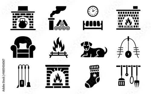 Cozy fireplace and winter comforts vector icon pack for warm ambiance and seasonal design vector