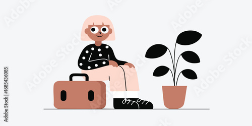 A woman waits beside her luggage and a potted plant, creating a scene of anticipation and transit, drawn in a simplified, modern artistic style.